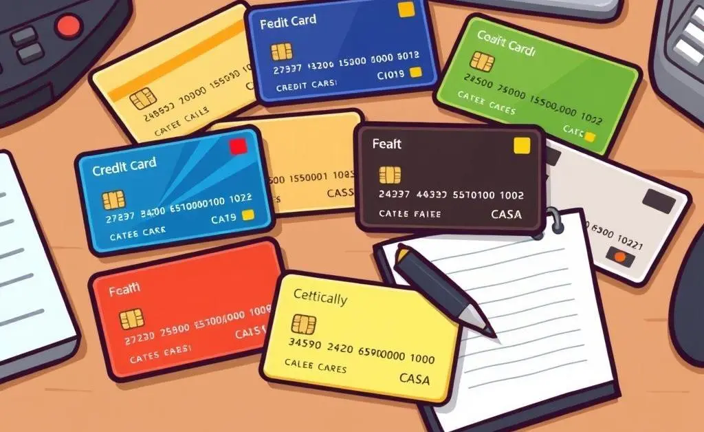 Various credit cards laid out on a desk with a notepad for notes.