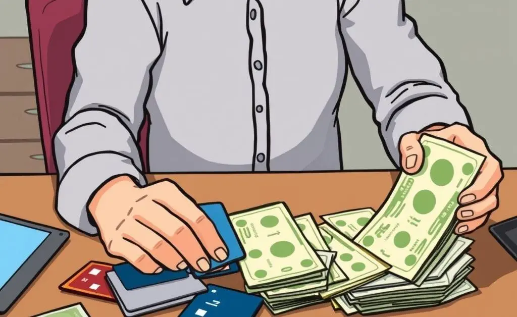 A person organizing credit cards and bills on a table.