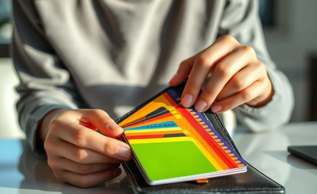 A person organizing colorful credit cards in a wallet.