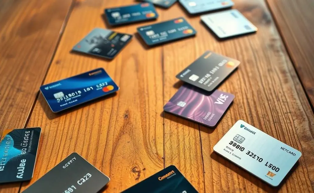 Various credit cards placed in a path-like arrangement on a wooden table