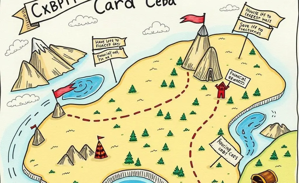 Hand-drawn map depicting a journey of paying off credit card debt with motivational markers.