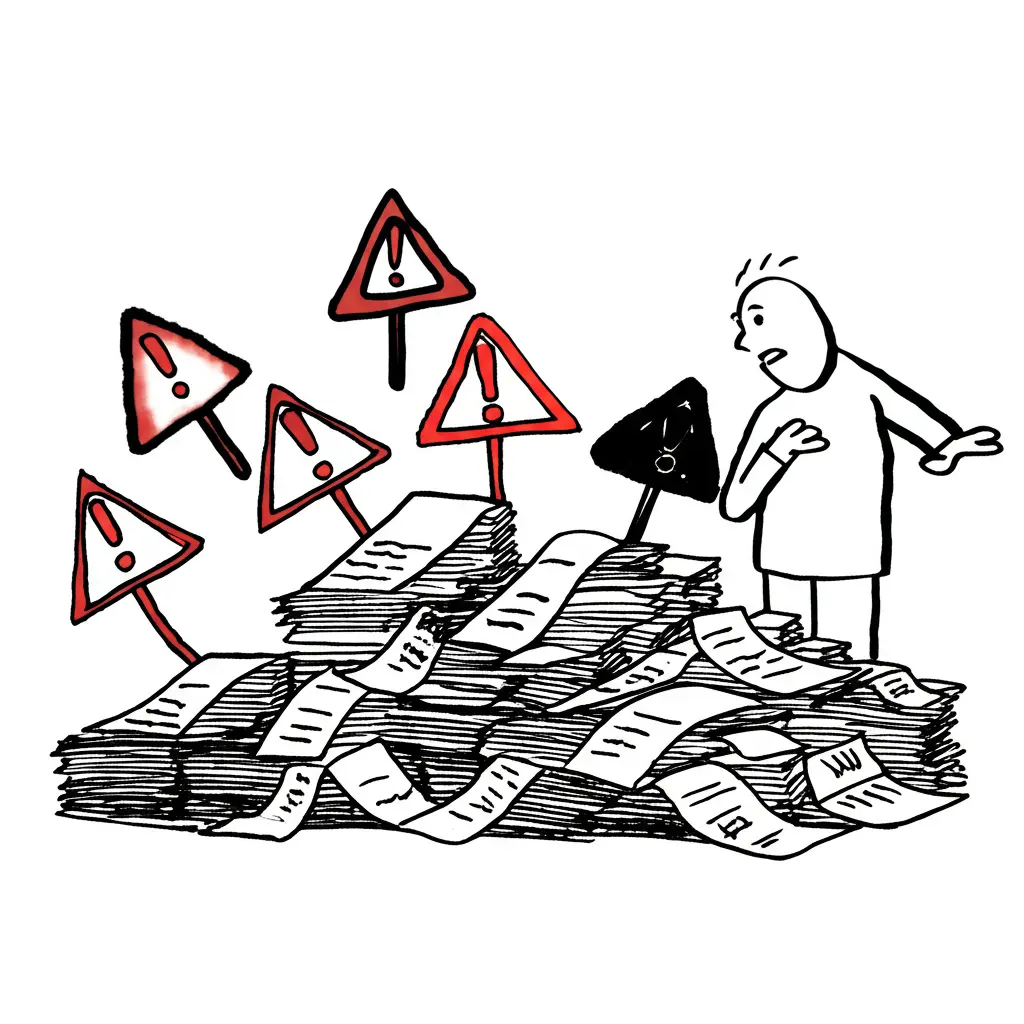 Hand-drawn illustration of a person hesitating over a pile of credit card bills with warning signs.