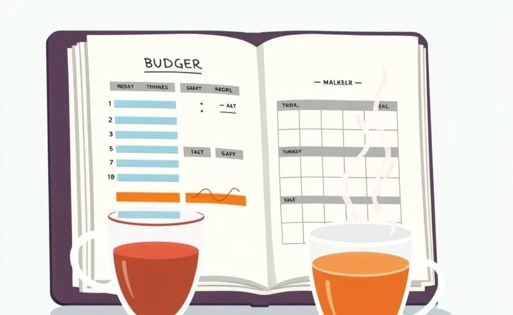 A cartoon-style image of a planner with a budget layout and a steaming cup of tea beside it.