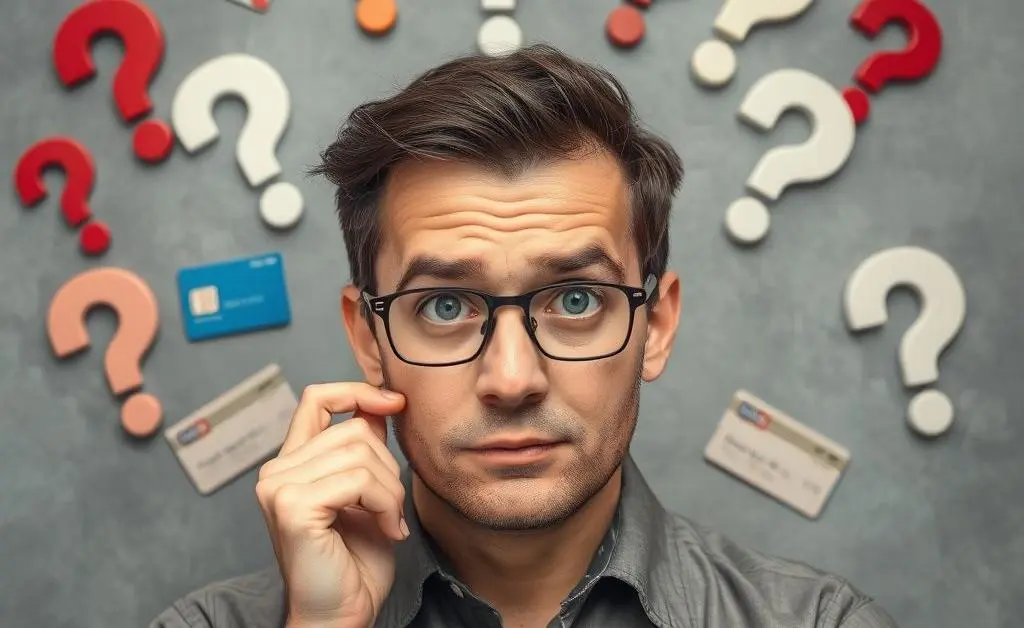 An individual surrounded by question marks, indicating contemplation over credit card issues.