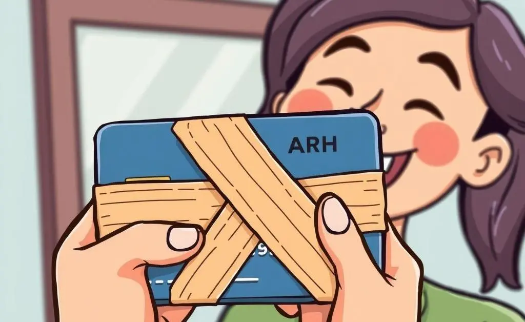 Cartoon-style image of a credit card being bandaged with a smiling person in the background.