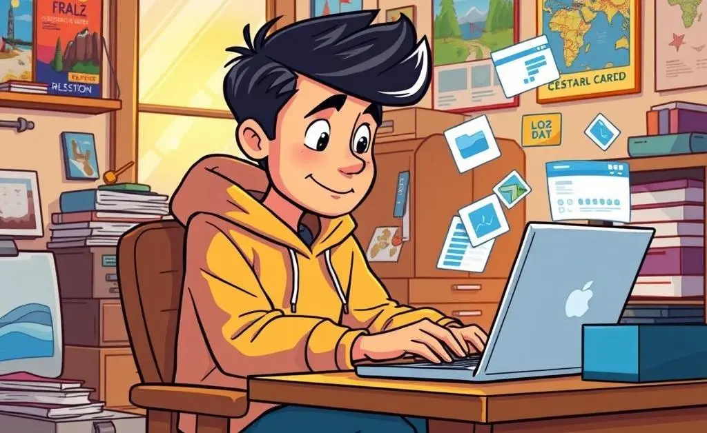 Person researching travel credit card options at a desk