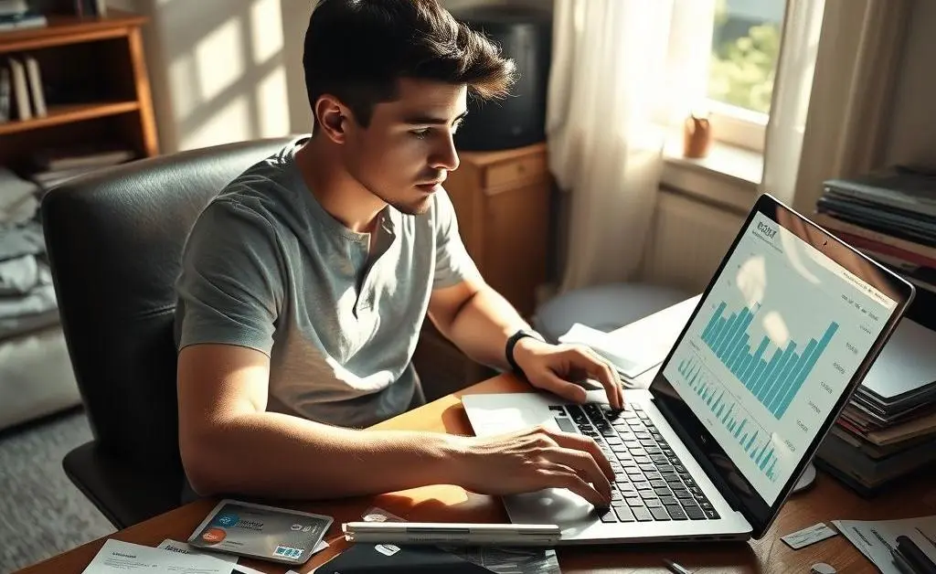 An image of a person sitting at a desk with a laptop, researching credit cards online, surrounded by financial documents.