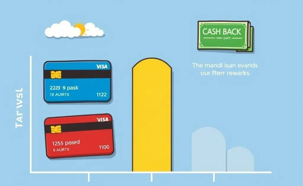 Cartoon-style chart showing different credit card reward categories like travel, cash back, and points.