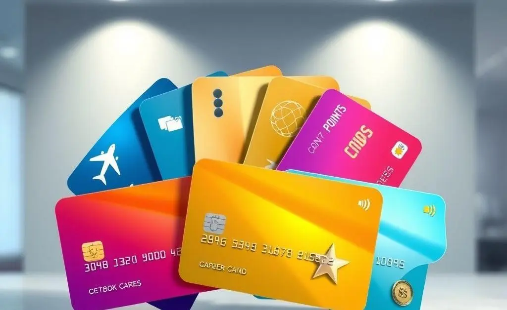 Different credit cards with icons representing travel, cash back, and points