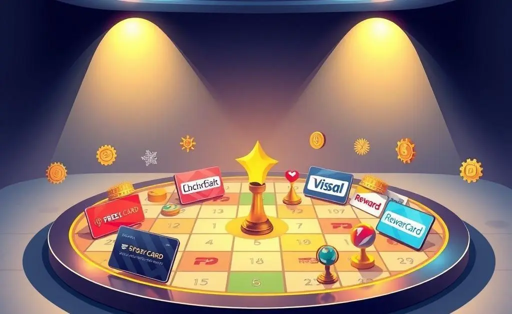 An illustration of a strategy board with credit card logos and reward symbols