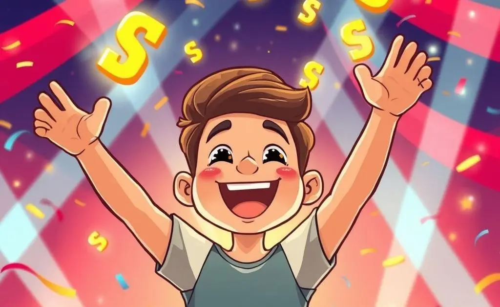 A cartoon of a person celebrating as credit card reward points rain down around them.
