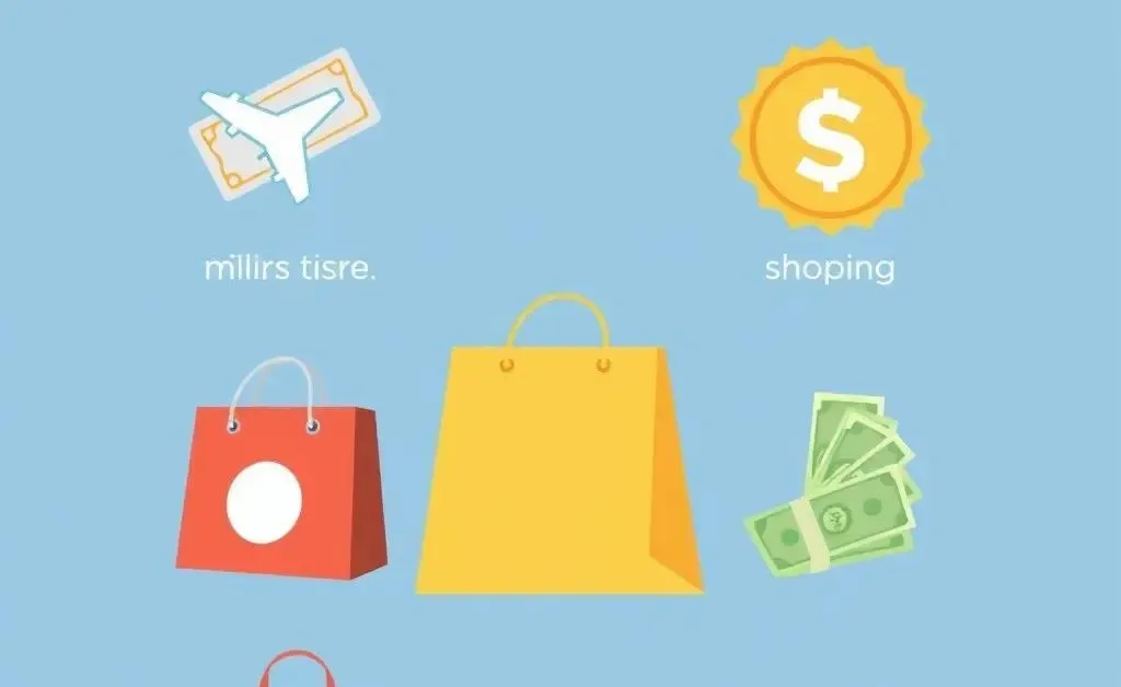 Illustration of various reward options like plane tickets, shopping bags, and cash.