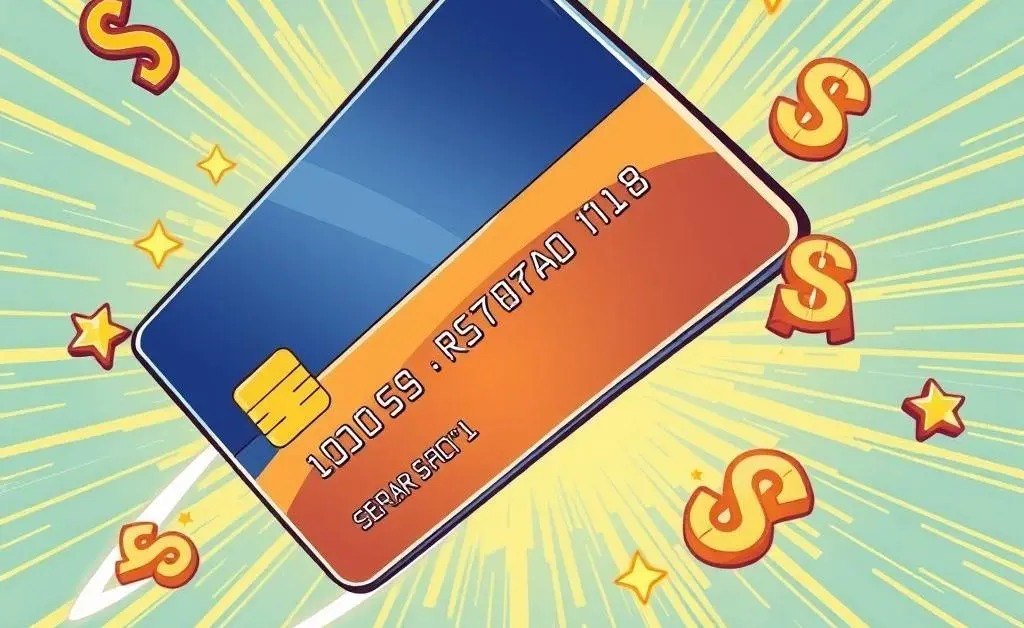 Cartoon of a credit card with flying reward points and cashback symbols.
