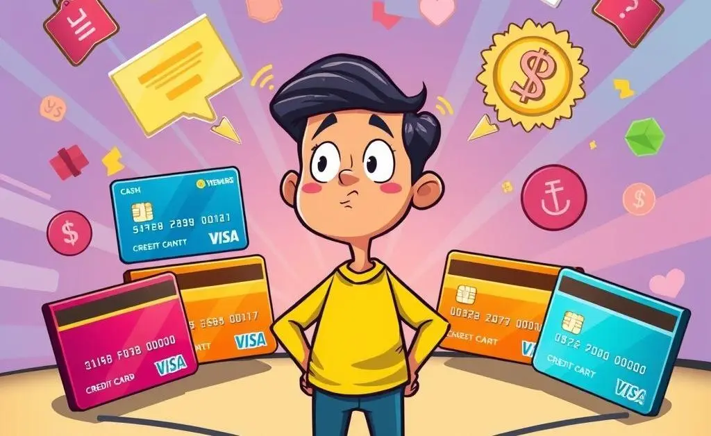 Cartoon of a person choosing between different credit cards with reward symbols