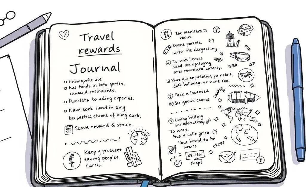 Journal with notes on travel rewards and savings