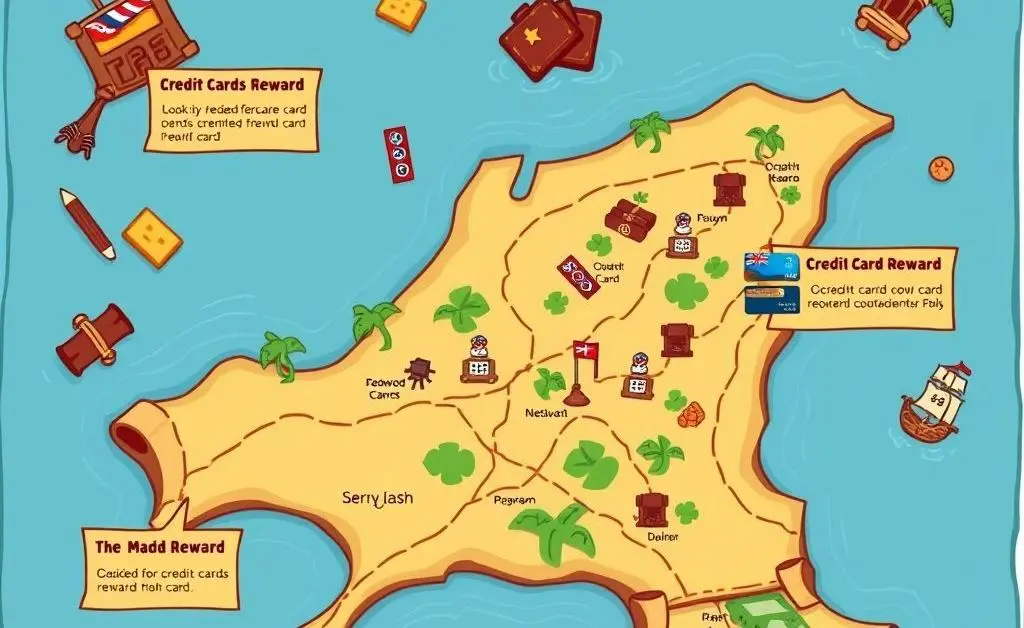 A cartoon-style treasure map illustrating different credit card reward paths