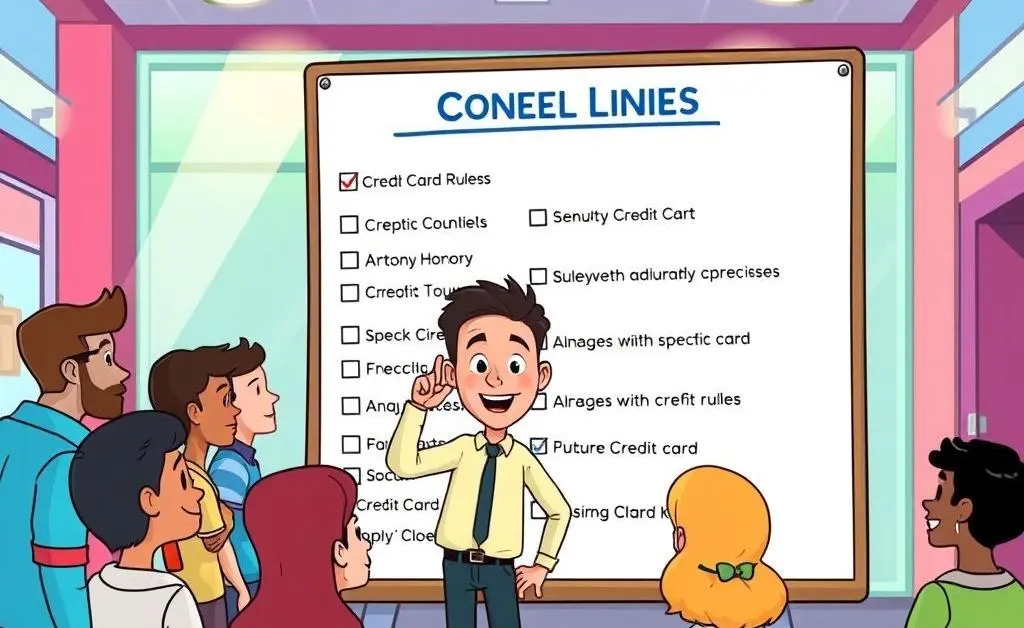 A cartoon checklist showing various credit card rules with a person pointing at it