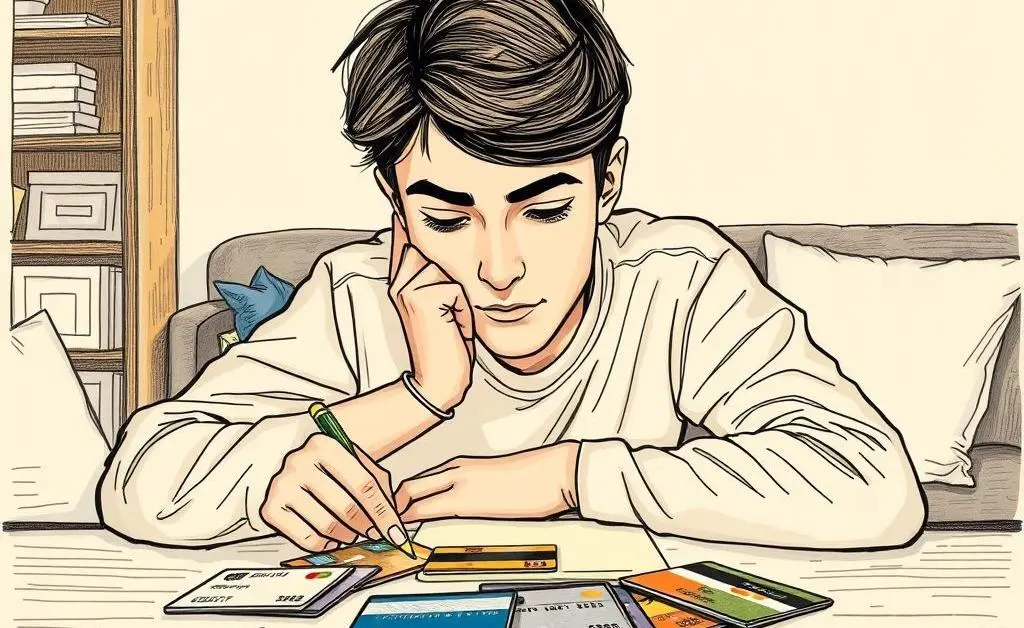 A person thoughtfully choosing between different credit cards