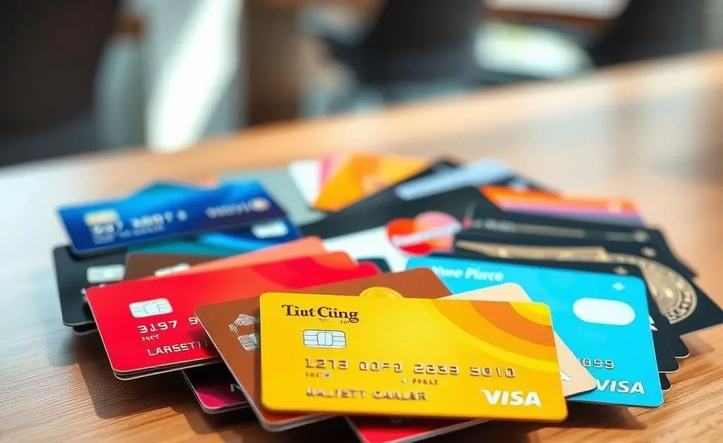 A variety of credit cards displayed on a table, symbolizing choices and options