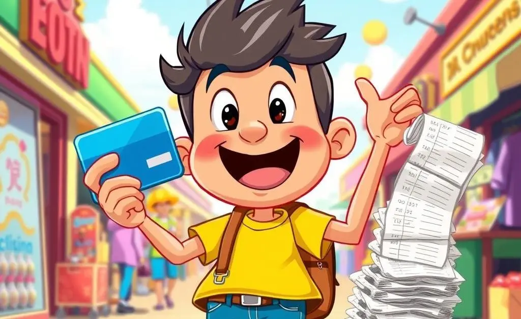 A cheerful cartoon figure shopping with a credit card and a pile of receipts trailing them.