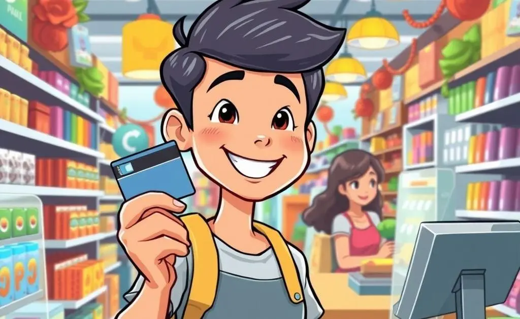 A cartoon scene of a person in a store using a credit card for a purchase, smiling at the cashier.