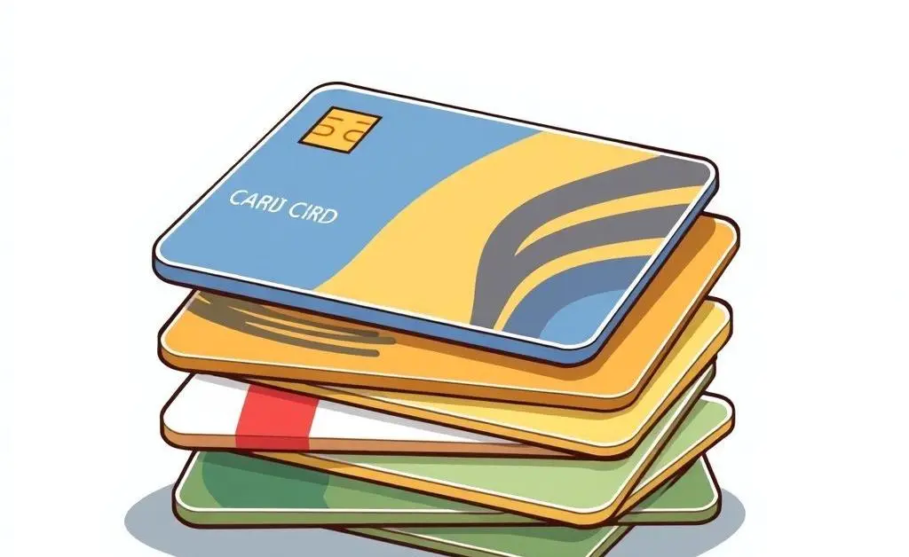 A cartoon of a stack of credit cards with different designs