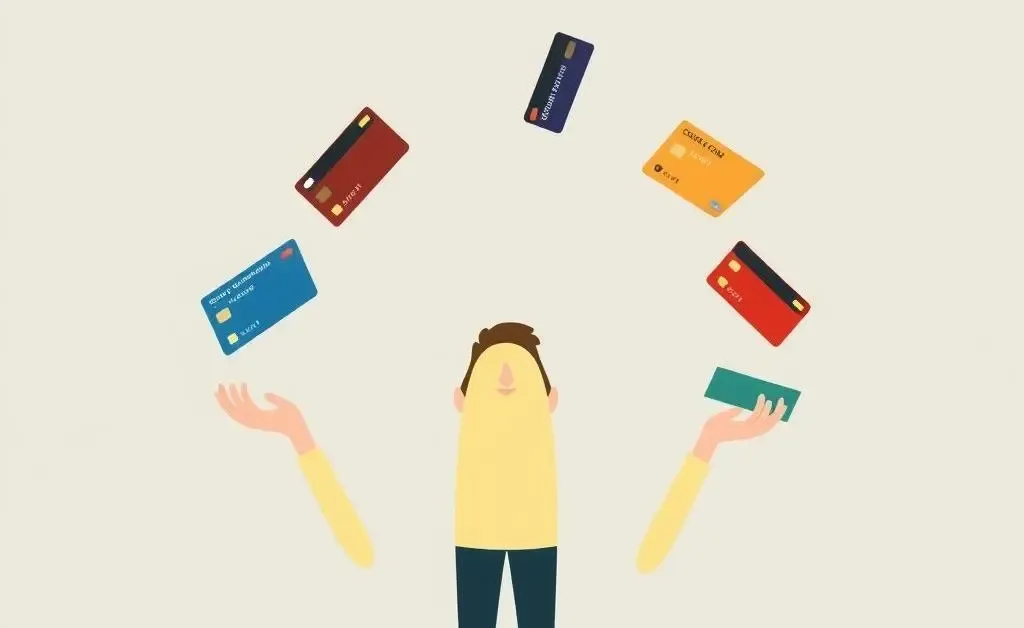 A hand-drawn illustration of a person juggling credit cards, a calculator, and a small suitcase.