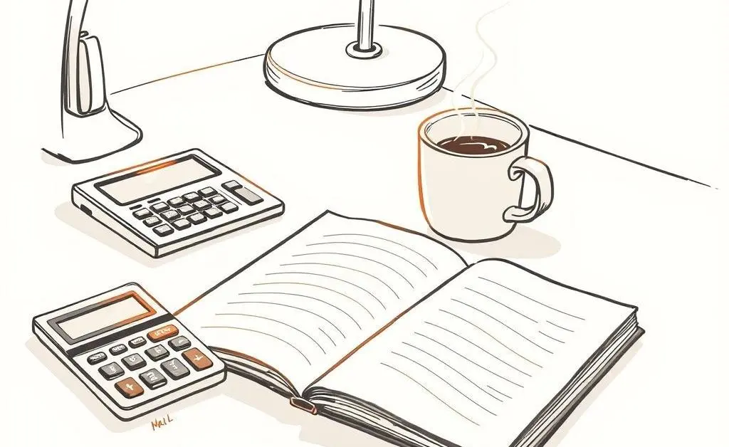 A hand-drawn image of a desk with a notebook, calculator, and a coffee cup, displaying a motivated and organized atmosphere