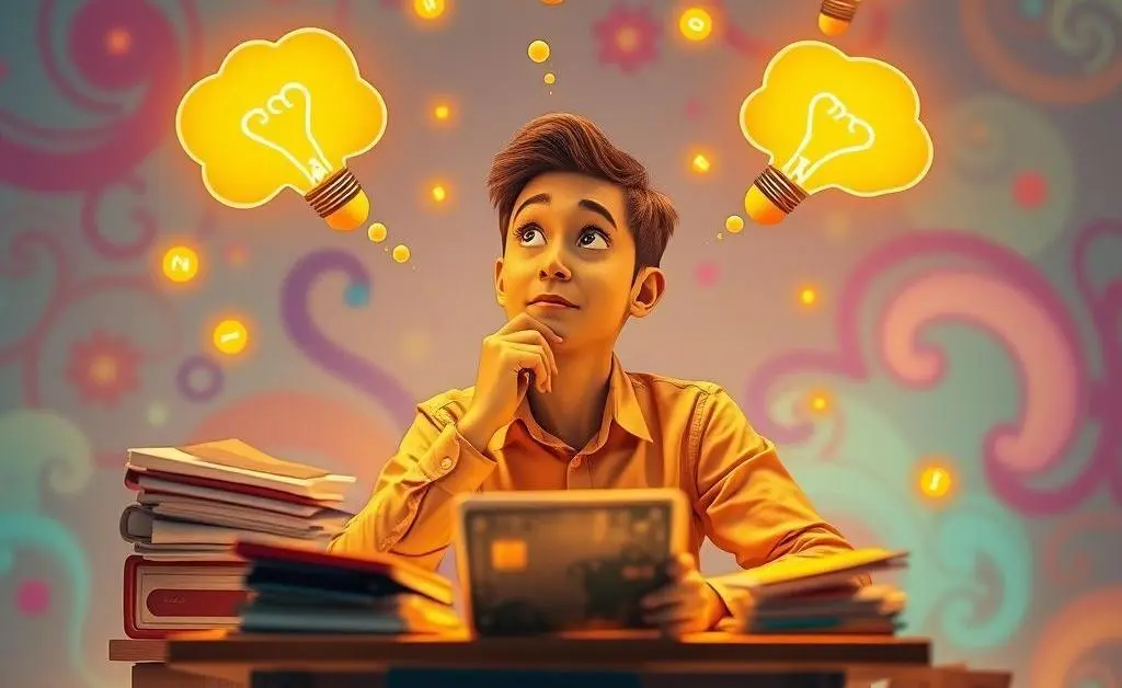 A whimsical depiction of someone contemplating credit cards with lightbulb ideas around.