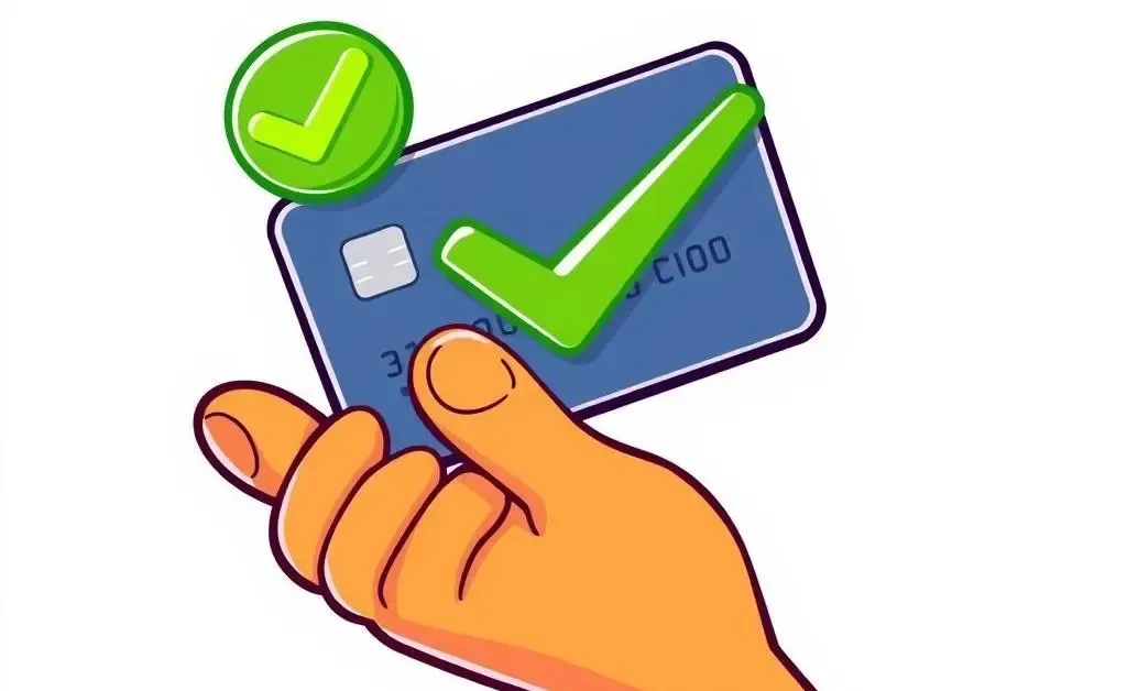 A cartoon hand holding a credit card with a green checkmark above it.