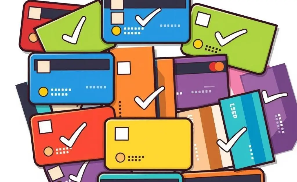 Various credit cards organized with check marks, representing credit card management tips.