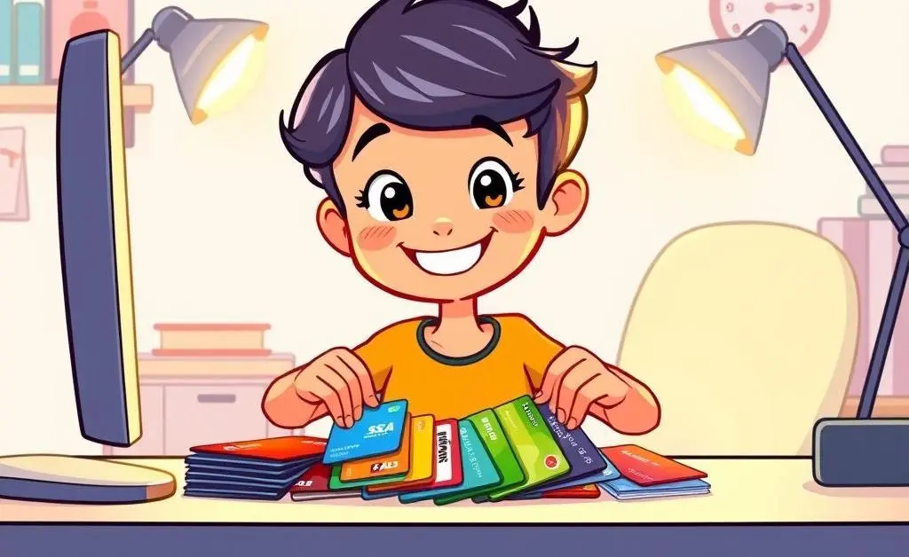 A cartoon-style drawing of a person organizing credit cards at a desk, looking happy and focused.