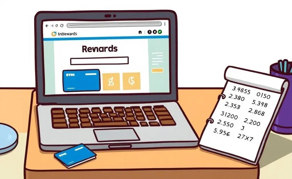 Desk with credit cards and laptop displaying rewards incentives