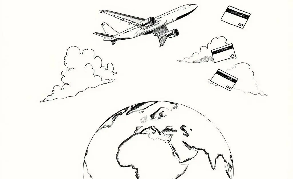 A plane flying over a globe with credit cards in the sky