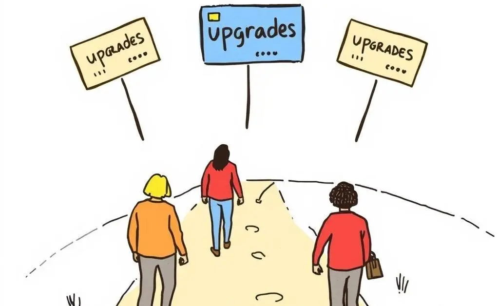 People walking on a path with credit card signs pointing towards 'upgrades'.