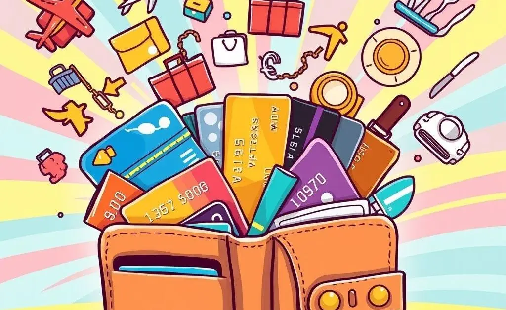 Cartoon image of a wallet with card logos and benefits