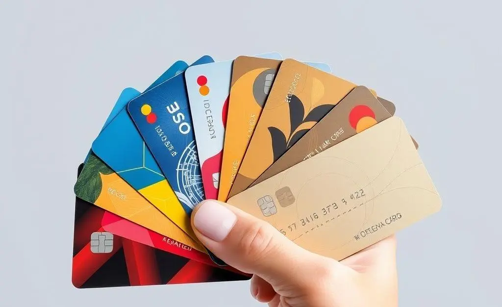 A hand holding a fan of different credit cards, each with unique designs.