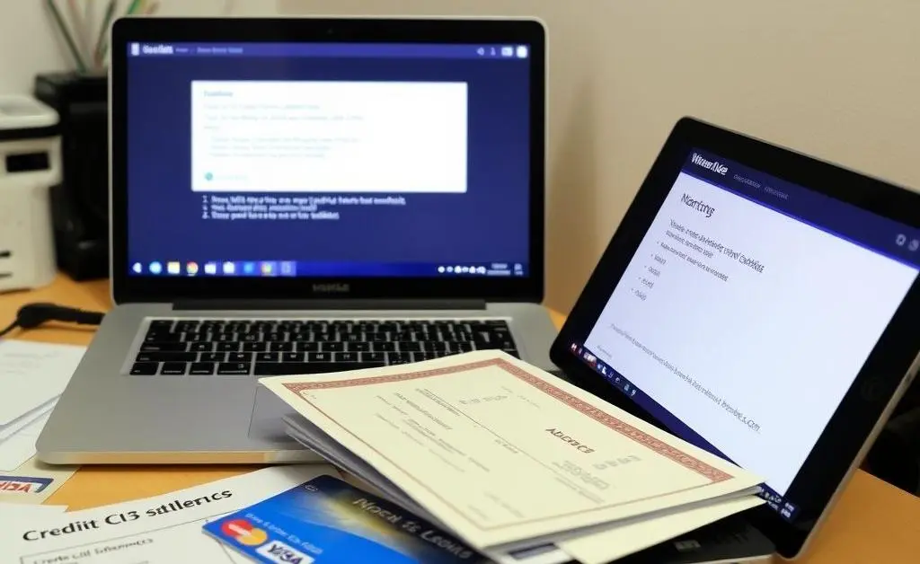 A desk with credit card statements and a laptop showing an error message.