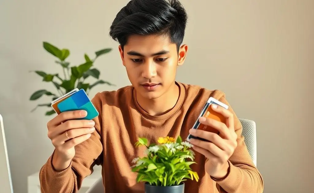 A young adult juggling credit cards and bills with a plant symbolizing credit growth.