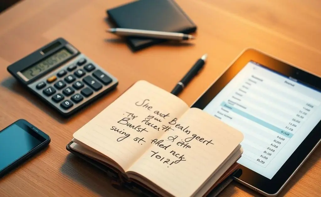 A collection of tools like a calculator, notebook, and budget app on a table.