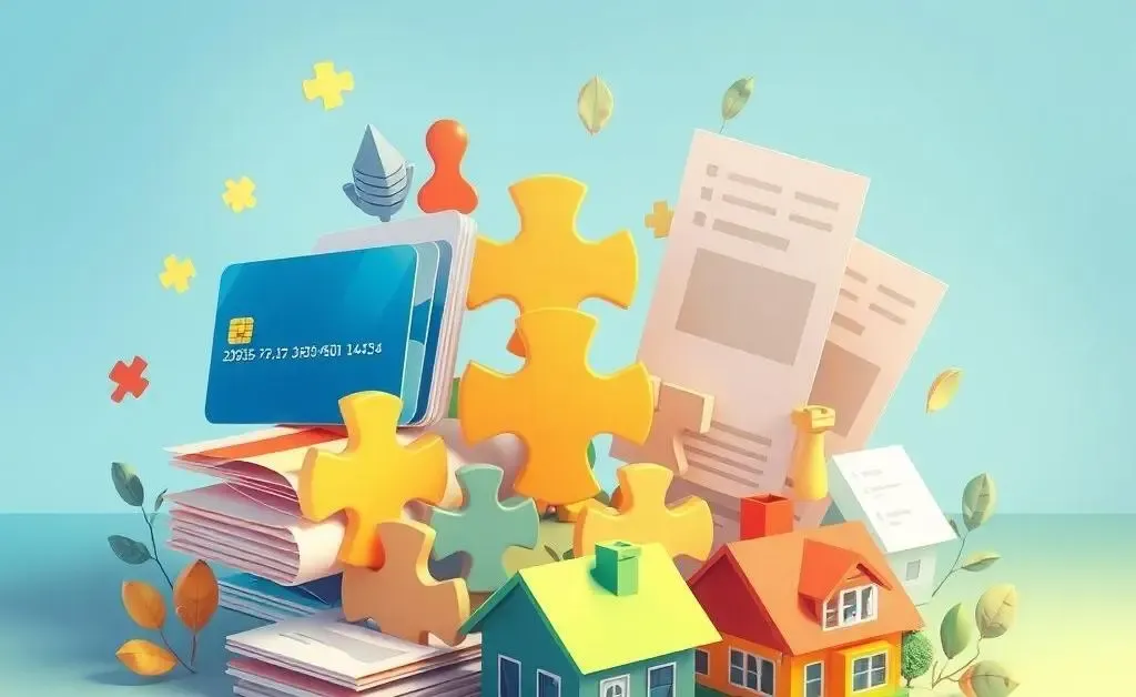 Visual representation of various credit types such as credit cards, loans, mortgages, represented as different puzzle pieces fitting together.