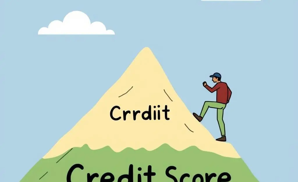Illustration of a person climbing a mountain labeled 'Credit Score'