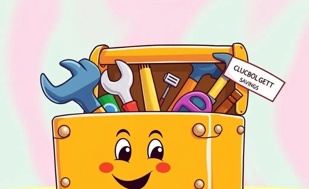 A cartoon toolbox filled with tools labeled 'budget', 'savings', 'payments', and 'credit report'.