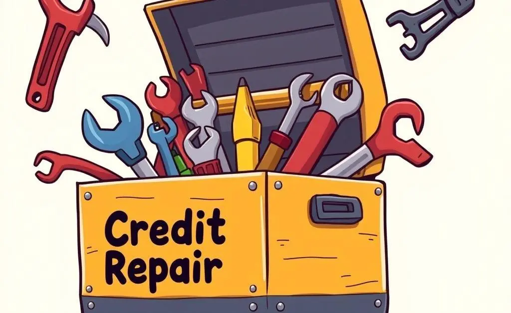 Cartoon-style image of a toolbox labeled 'Credit Repair' with tools falling out.