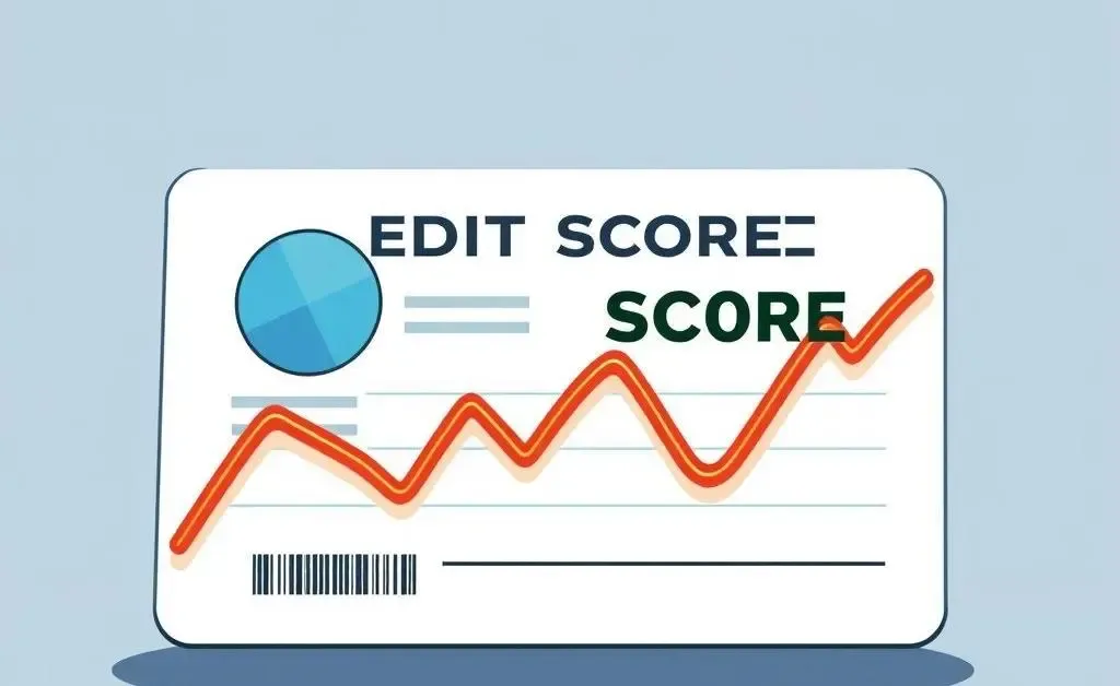 Illustration of a credit report card showing credit score with fluctuating line