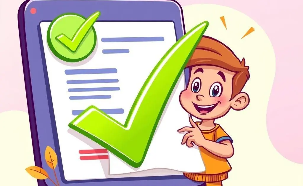 Modern cartoon-style illustration of a document with a large checkmark and a happy character examining it.