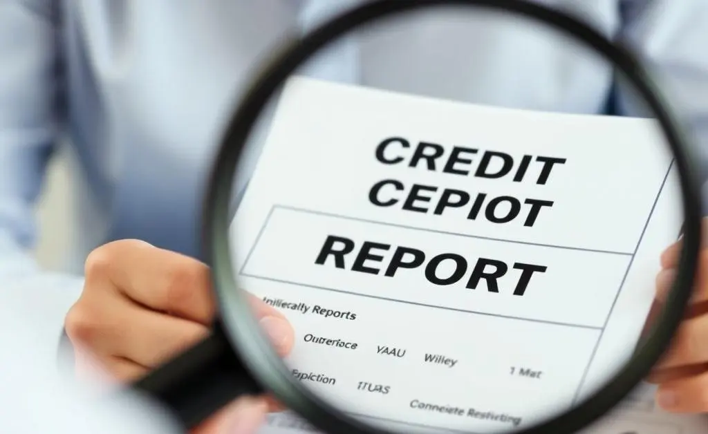 A person reading a credit report with a magnifying glass
