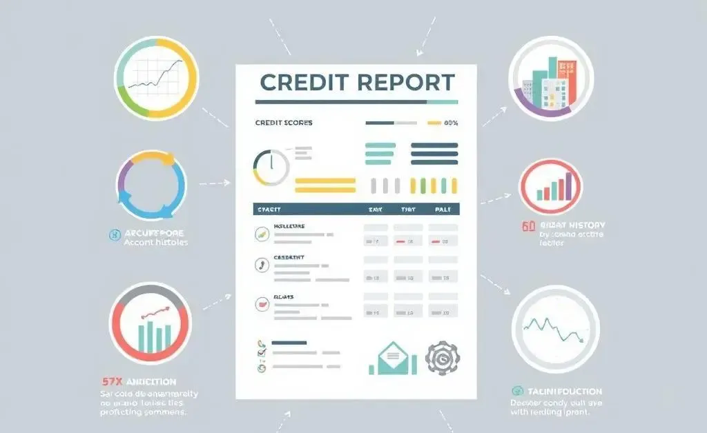 An illustration of a credit report broken down into sections.