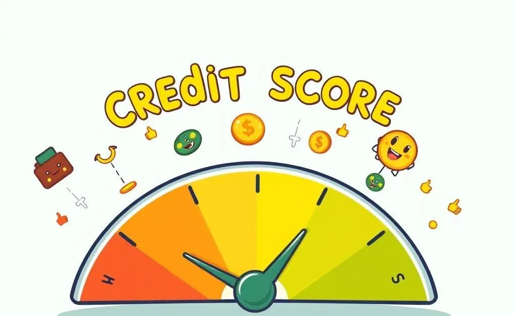 Cartoon of a gauge indicating credit score from low to high with playful icons.