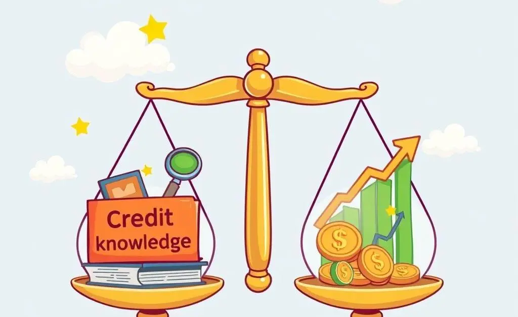 A scale balancing 'credit knowledge' and 'financial health' in a cartoon style.